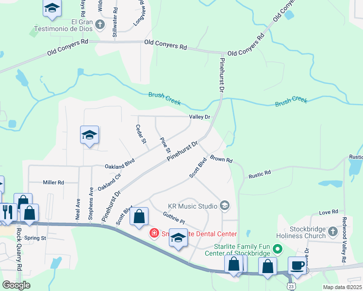 map of restaurants, bars, coffee shops, grocery stores, and more near 295 Pinehurst Drive in Stockbridge