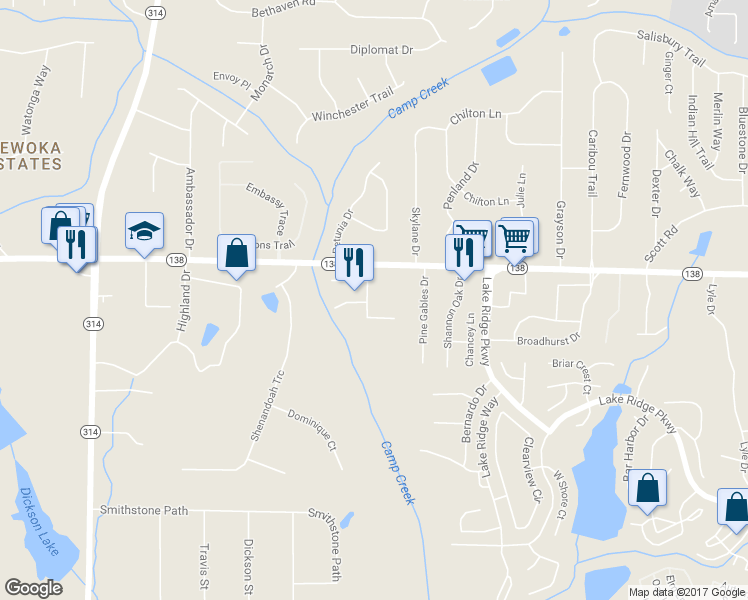 map of restaurants, bars, coffee shops, grocery stores, and more near 7672 Creekside Lane in Riverdale