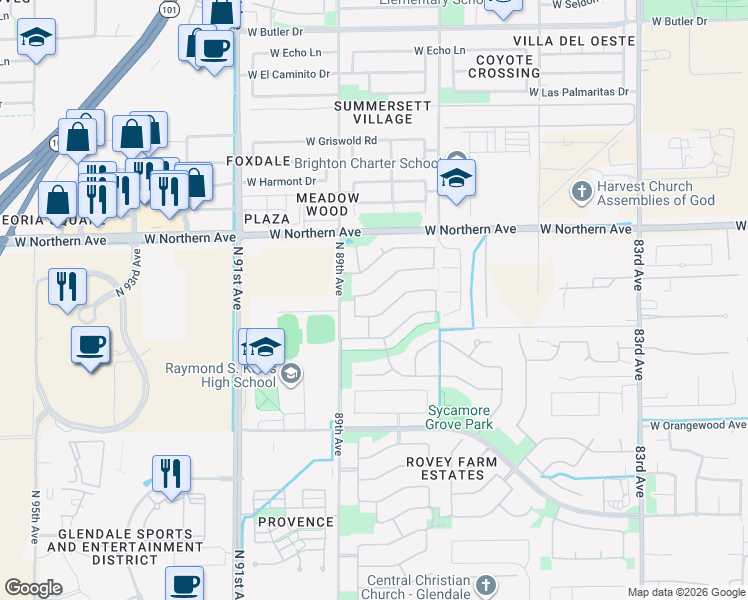 map of restaurants, bars, coffee shops, grocery stores, and more near 8808 West Hayward Avenue in Glendale
