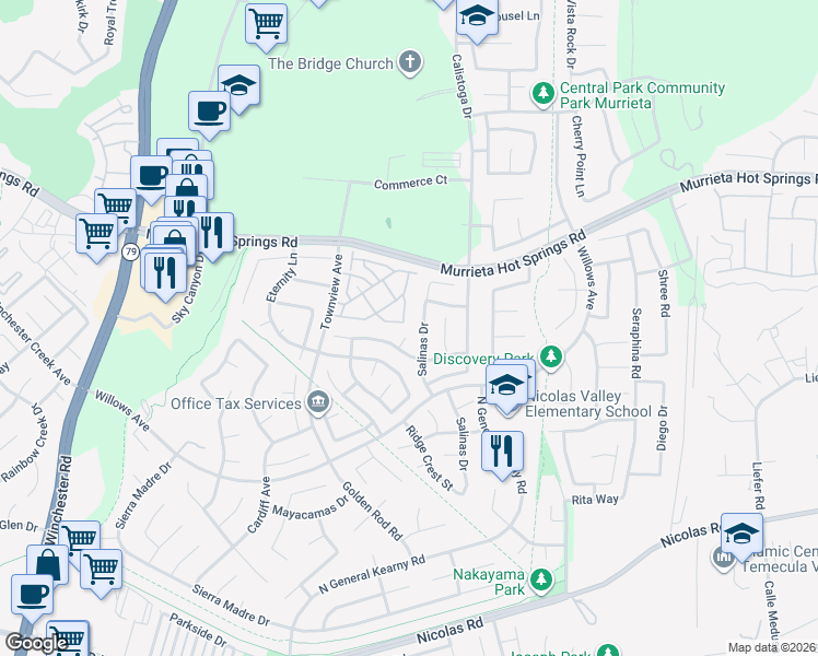 map of restaurants, bars, coffee shops, grocery stores, and more near 30455 Buccaneer Bay in Murrieta