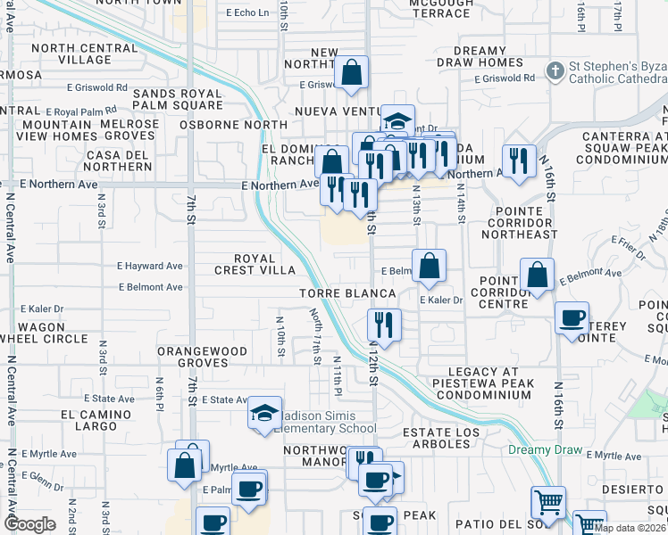 map of restaurants, bars, coffee shops, grocery stores, and more near 1110 East Belmont Avenue in Phoenix