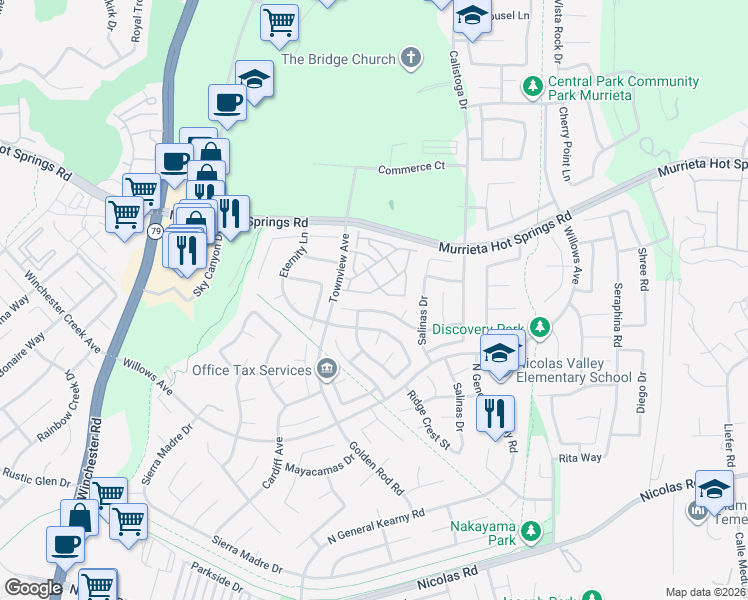 map of restaurants, bars, coffee shops, grocery stores, and more near 30324 Stargazer Way in Murrieta
