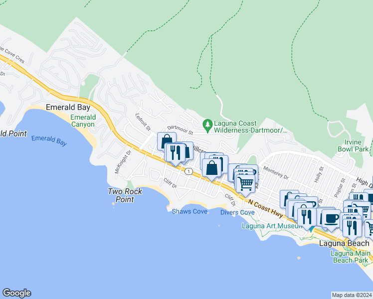 map of restaurants, bars, coffee shops, grocery stores, and more near 284 Chiquita Street in Laguna Beach