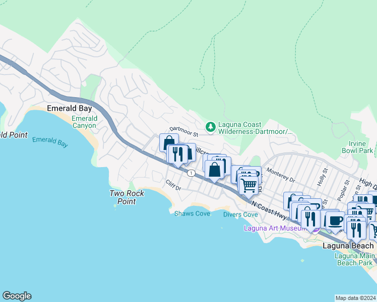 map of restaurants, bars, coffee shops, grocery stores, and more near 284 Chiquita Street in Laguna Beach