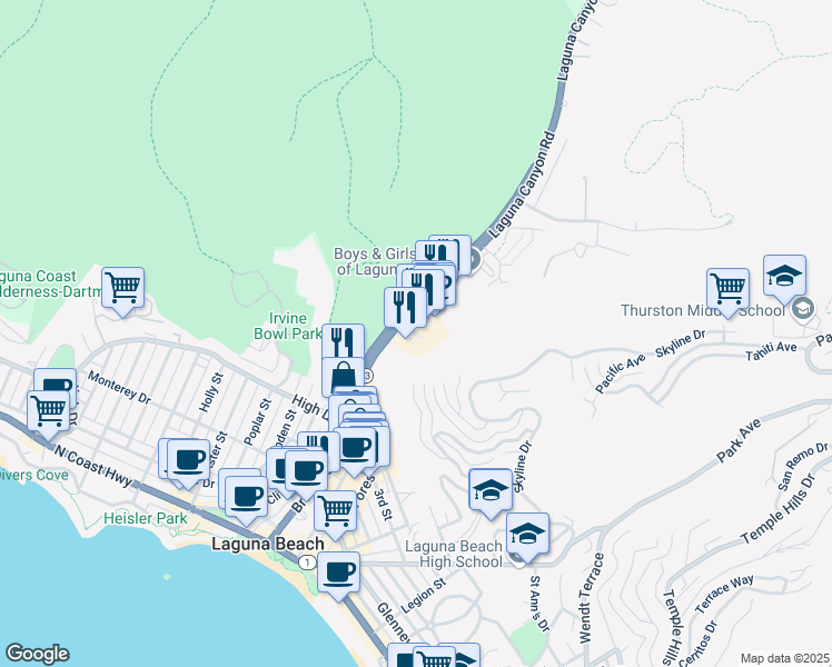 map of restaurants, bars, coffee shops, grocery stores, and more near 777 Laguna Canyon Road in Laguna Beach