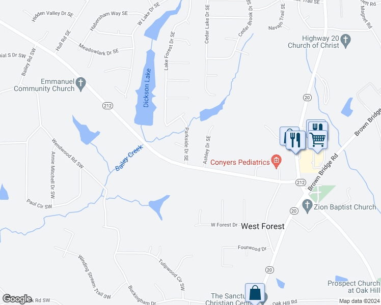 map of restaurants, bars, coffee shops, grocery stores, and more near 5224 Parkside Drive Southeast in Conyers