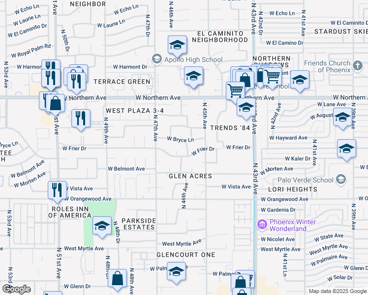 map of restaurants, bars, coffee shops, grocery stores, and more near 7637 North 46th Drive in Glendale