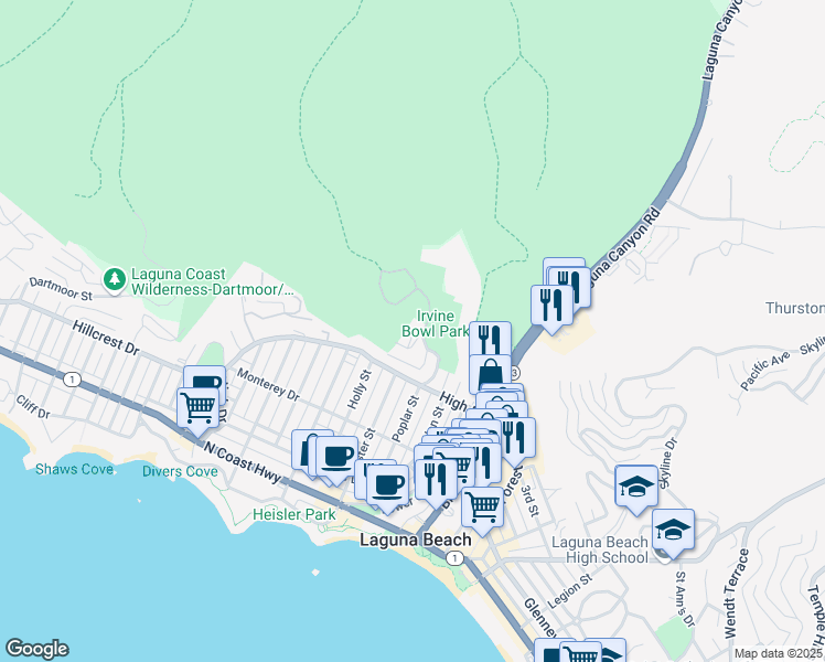 map of restaurants, bars, coffee shops, grocery stores, and more near 336 Lookout Drive in Laguna Beach
