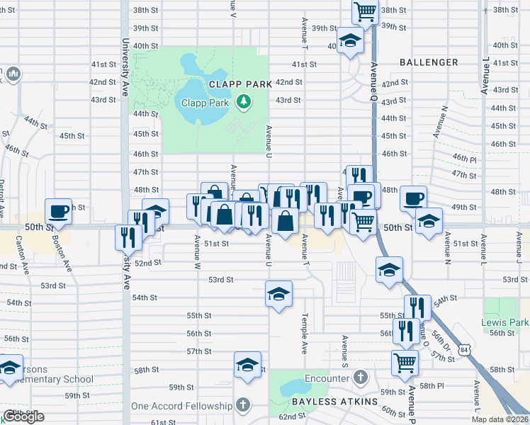map of restaurants, bars, coffee shops, grocery stores, and more near 2101 49th Street in Lubbock