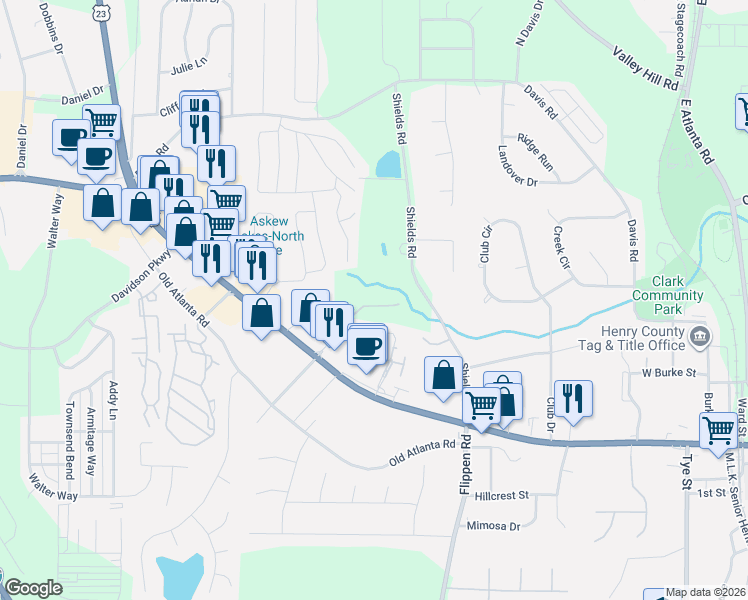 map of restaurants, bars, coffee shops, grocery stores, and more near Brush Creek Court in Stockbridge