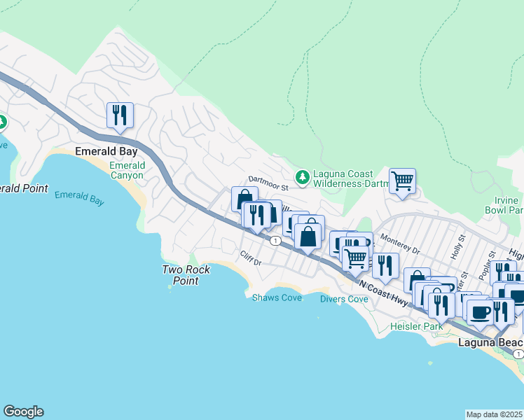 map of restaurants, bars, coffee shops, grocery stores, and more near 273 Cajon Street in Laguna Beach