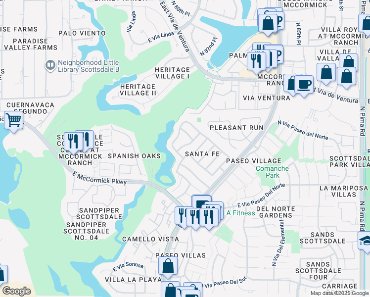 map of restaurants, bars, coffee shops, grocery stores, and more near 7713 North Vía De Calma in Scottsdale