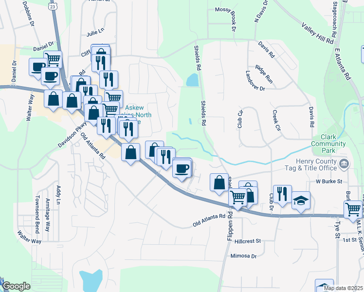 map of restaurants, bars, coffee shops, grocery stores, and more near Brush Creek Court in Stockbridge