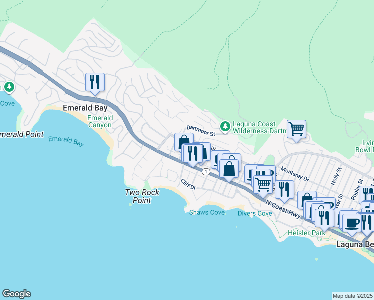 map of restaurants, bars, coffee shops, grocery stores, and more near 251 Viejo Street in Laguna Beach