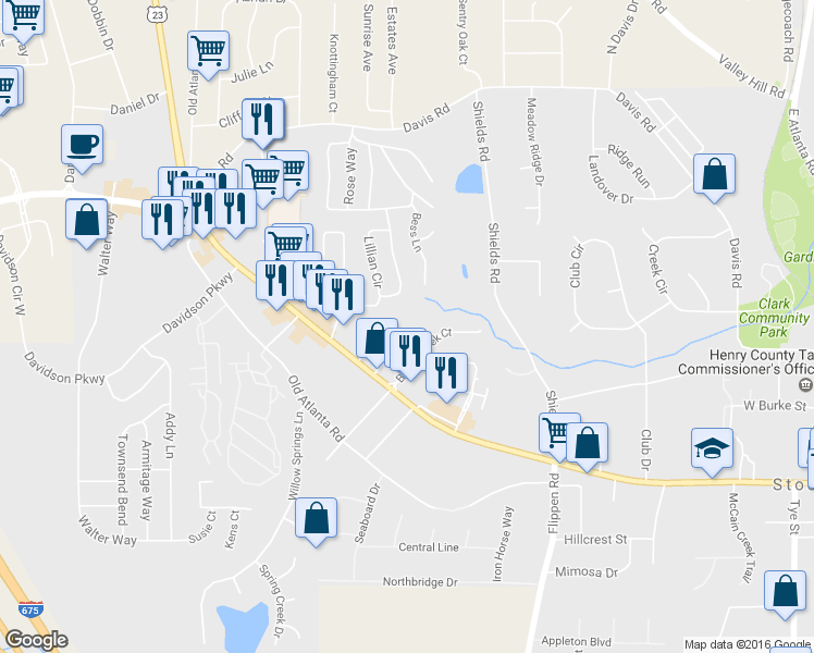 map of restaurants, bars, coffee shops, grocery stores, and more near Shepherd Drive in Stockbridge