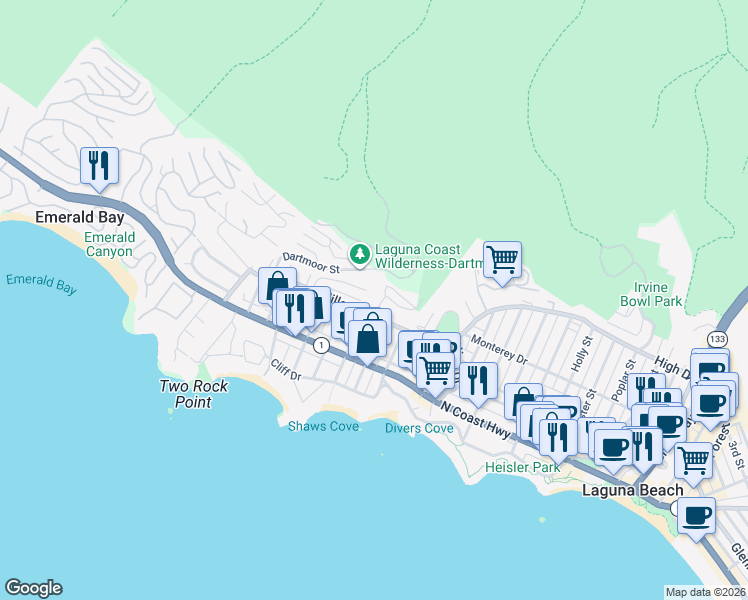 map of restaurants, bars, coffee shops, grocery stores, and more near 950 Hillcrest Drive in Laguna Beach