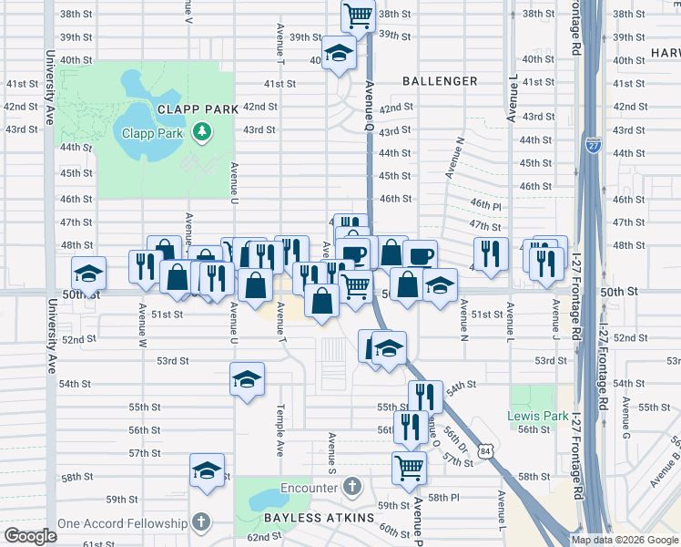 map of restaurants, bars, coffee shops, grocery stores, and more near 1812 50th Street in Lubbock