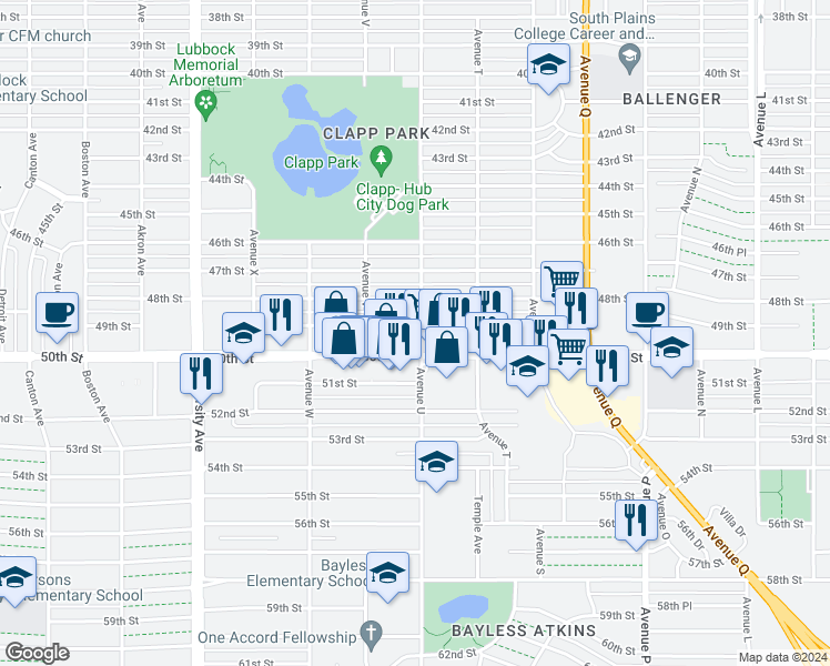 map of restaurants, bars, coffee shops, grocery stores, and more near 2102 50th Street in Lubbock