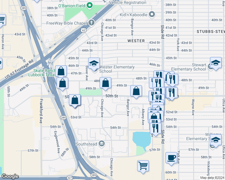 map of restaurants, bars, coffee shops, grocery stores, and more near 24 50th Street in Lubbock