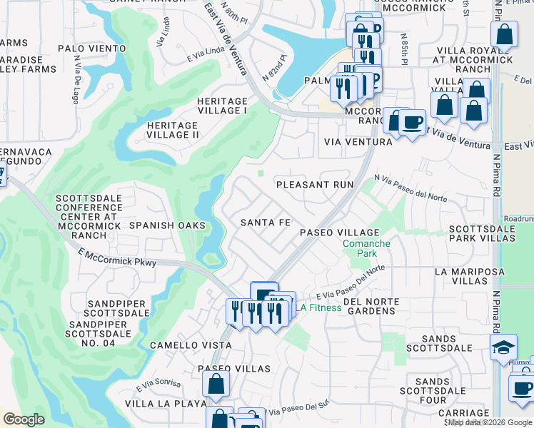 map of restaurants, bars, coffee shops, grocery stores, and more near 7725 North Vía De Fonda in Scottsdale
