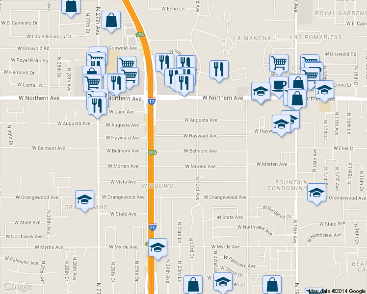 map of restaurants, bars, coffee shops, grocery stores, and more near 2345 West Belmont Avenue in Phoenix