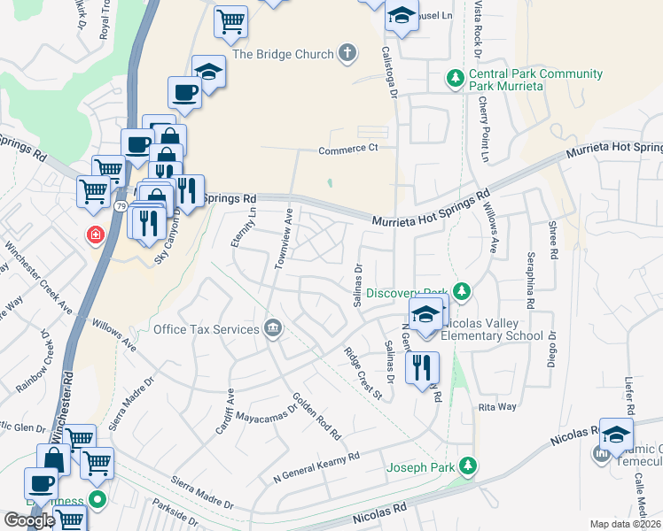 map of restaurants, bars, coffee shops, grocery stores, and more near 30324 Stargazer Way in Murrieta