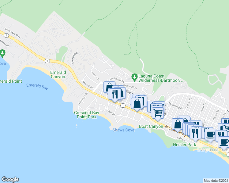 map of restaurants, bars, coffee shops, grocery stores, and more near 245 Cajon Street in Laguna Beach