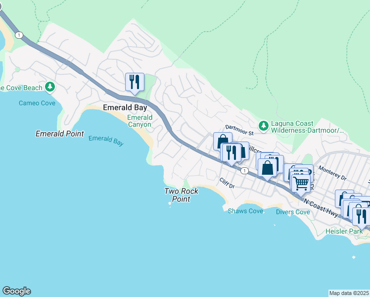map of restaurants, bars, coffee shops, grocery stores, and more near 5 Via Capri in Laguna Beach