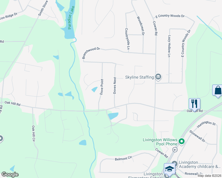 map of restaurants, bars, coffee shops, grocery stores, and more near 85 Doves Nest in Covington