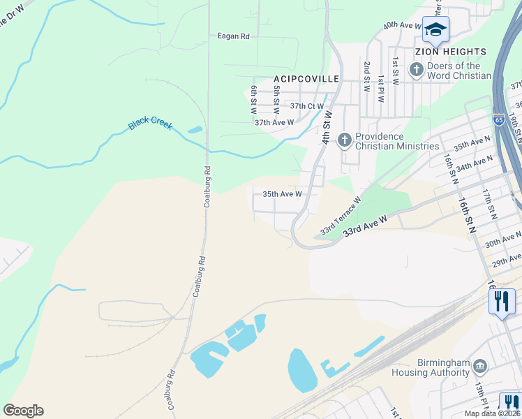 map of restaurants, bars, coffee shops, grocery stores, and more near 505 34th Avenue West in Birmingham