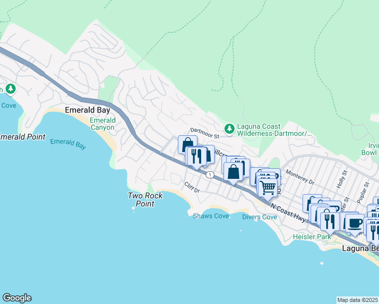 map of restaurants, bars, coffee shops, grocery stores, and more near 251 Viejo Street in Laguna Beach