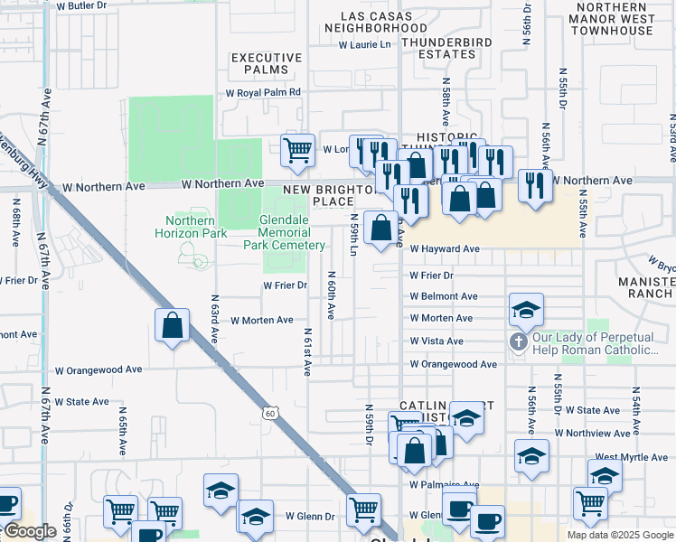 map of restaurants, bars, coffee shops, grocery stores, and more near 7727 North 60th Avenue in Glendale