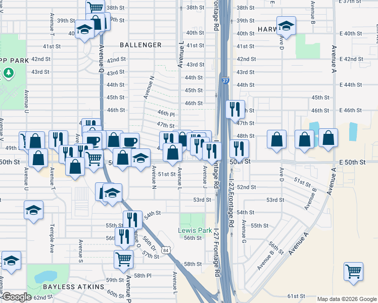 map of restaurants, bars, coffee shops, grocery stores, and more near in Lubbock