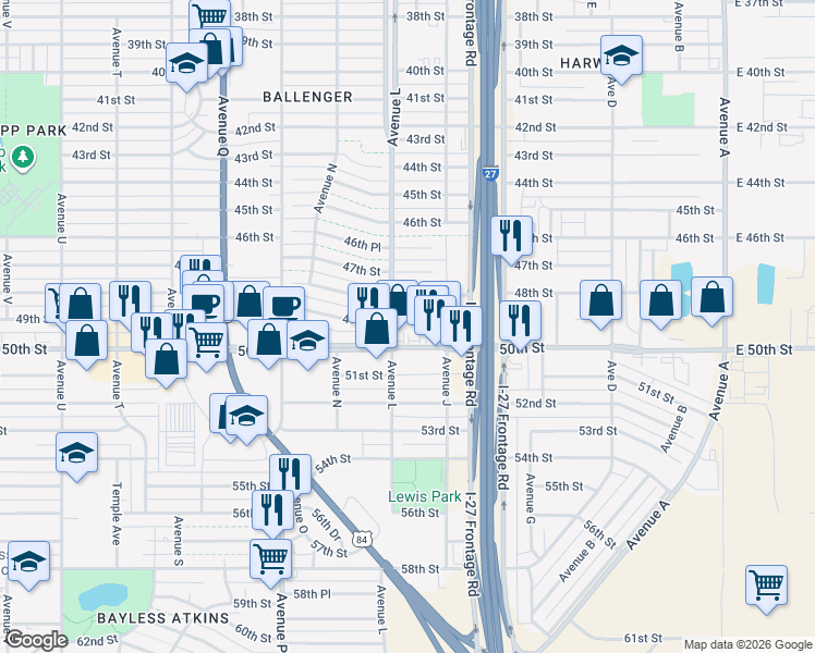 map of restaurants, bars, coffee shops, grocery stores, and more near in Lubbock