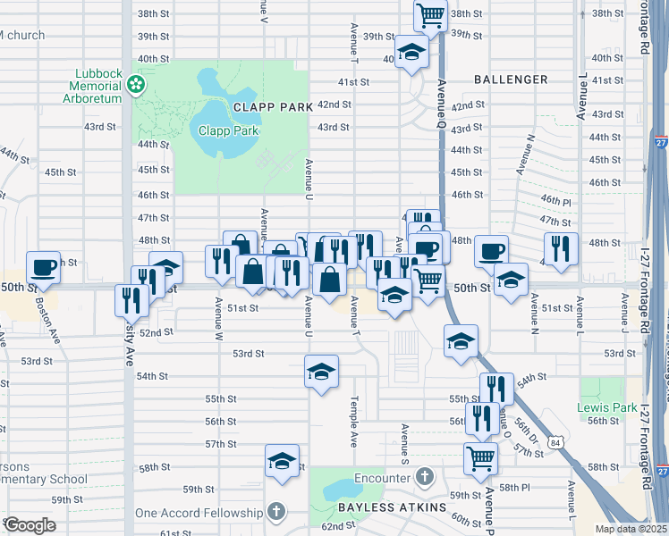map of restaurants, bars, coffee shops, grocery stores, and more near 2006 50th St in Lubbock