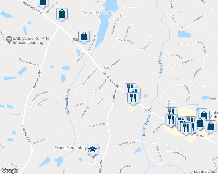 map of restaurants, bars, coffee shops, grocery stores, and more near 4580 Washington Road in Evans