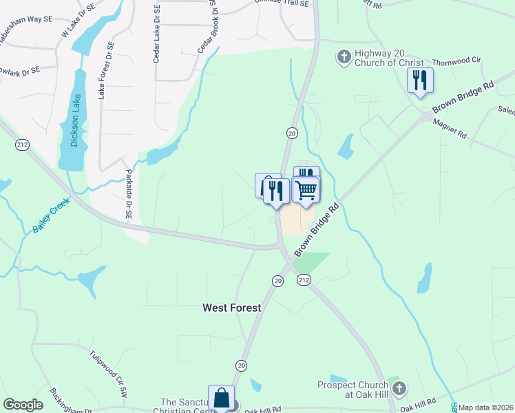 map of restaurants, bars, coffee shops, grocery stores, and more near 49 Stone Creek Drive in Covington