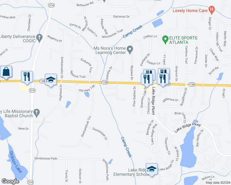 map of restaurants, bars, coffee shops, grocery stores, and more near 1453 Riverrock Court in Riverdale