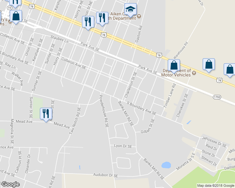 map of restaurants, bars, coffee shops, grocery stores, and more near 1312 South Boundary Avenue Southeast in Aiken