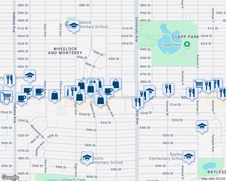 map of restaurants, bars, coffee shops, grocery stores, and more near 2614 50th Street in Lubbock