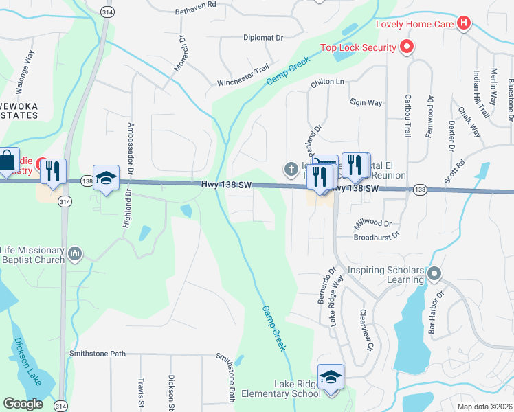 map of restaurants, bars, coffee shops, grocery stores, and more near 7672 Creekside Lane in Riverdale
