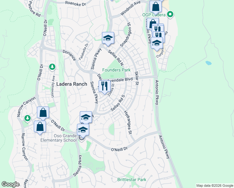 map of restaurants, bars, coffee shops, grocery stores, and more near 17 Arabis Court in Ladera Ranch