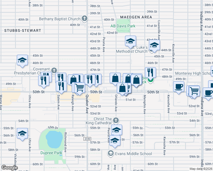 map of restaurants, bars, coffee shops, grocery stores, and more near 4211 49th Street in Lubbock