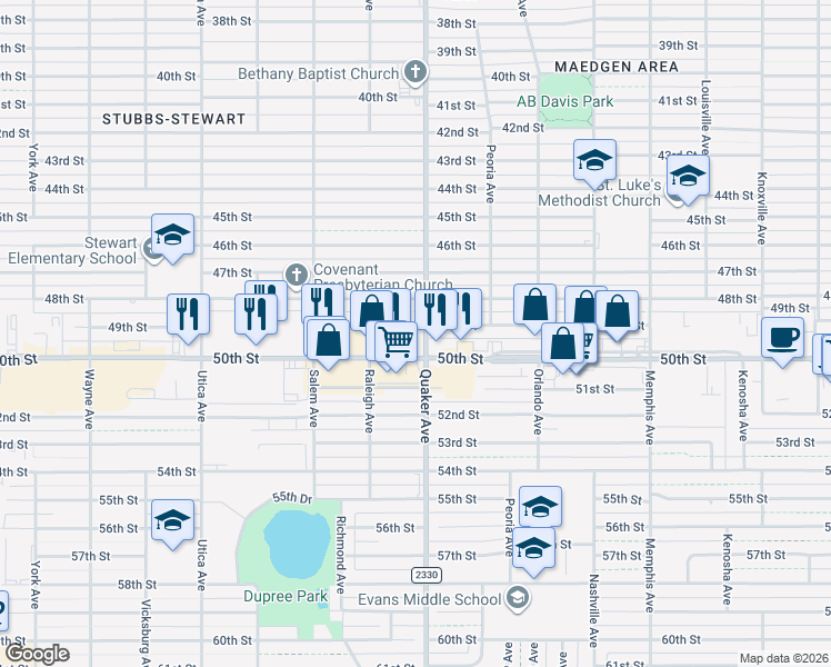 map of restaurants, bars, coffee shops, grocery stores, and more near 4402 50th Street in Lubbock