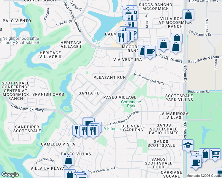 map of restaurants, bars, coffee shops, grocery stores, and more near 8306 East Vía De Las Flores in Scottsdale