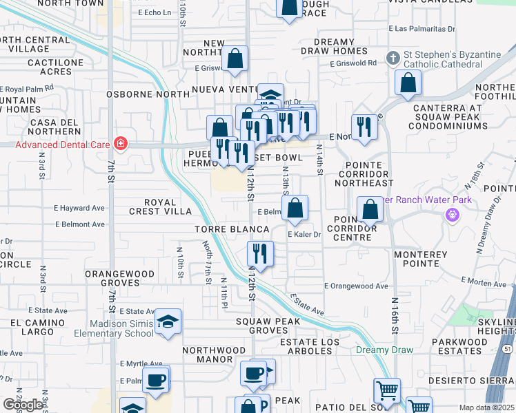 map of restaurants, bars, coffee shops, grocery stores, and more near 7658 North 12th Place in Phoenix