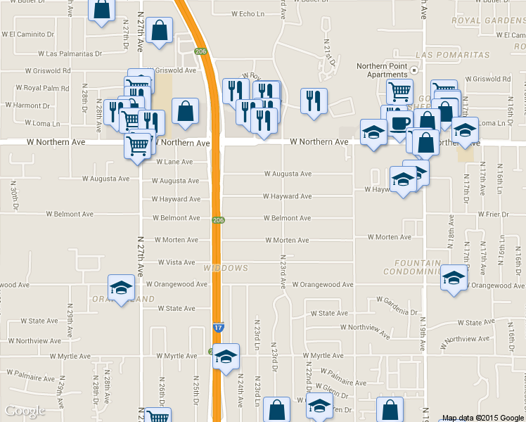 map of restaurants, bars, coffee shops, grocery stores, and more near 2345 West Belmont Avenue in Phoenix