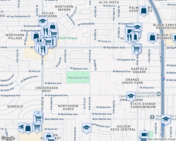 map of restaurants, bars, coffee shops, grocery stores, and more near 3101 West Belmont Avenue in Phoenix