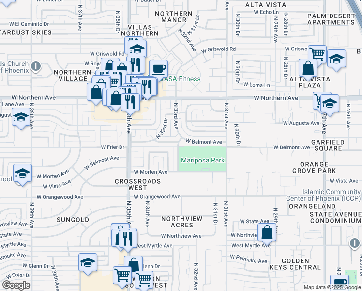 map of restaurants, bars, coffee shops, grocery stores, and more near 7642 North 33rd Avenue in Phoenix