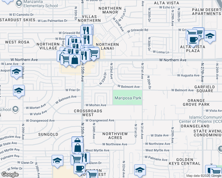 map of restaurants, bars, coffee shops, grocery stores, and more near 7642 North 33rd Avenue in Phoenix